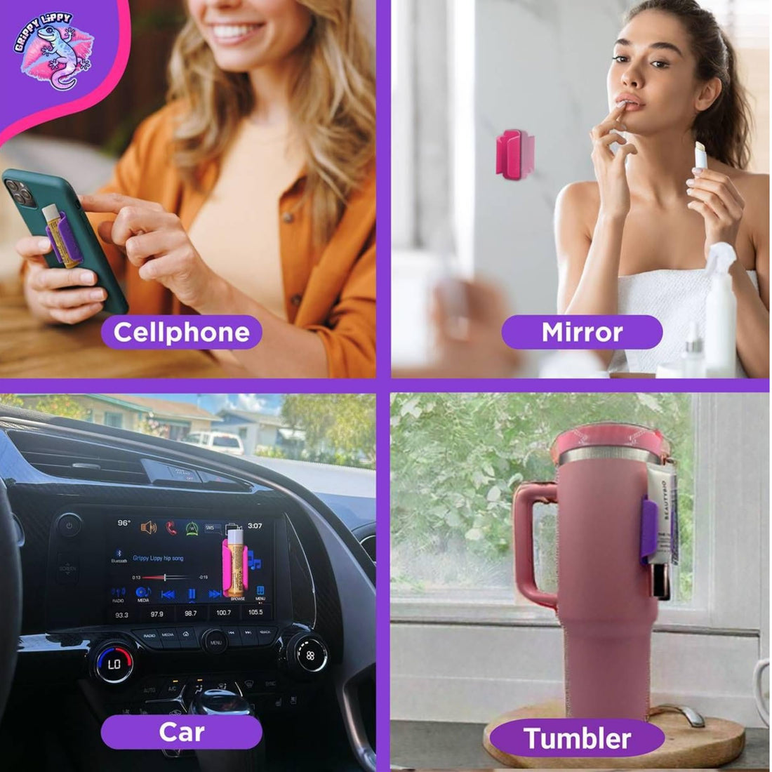 Grippy Lippy Lip Balm Holder - 2 Pack Durable Silicone Organizer with Adhesive Backing | Compatible with Chapstick, Tumbler, Car & Phone Storage | Stylish Moon & Dune Colors