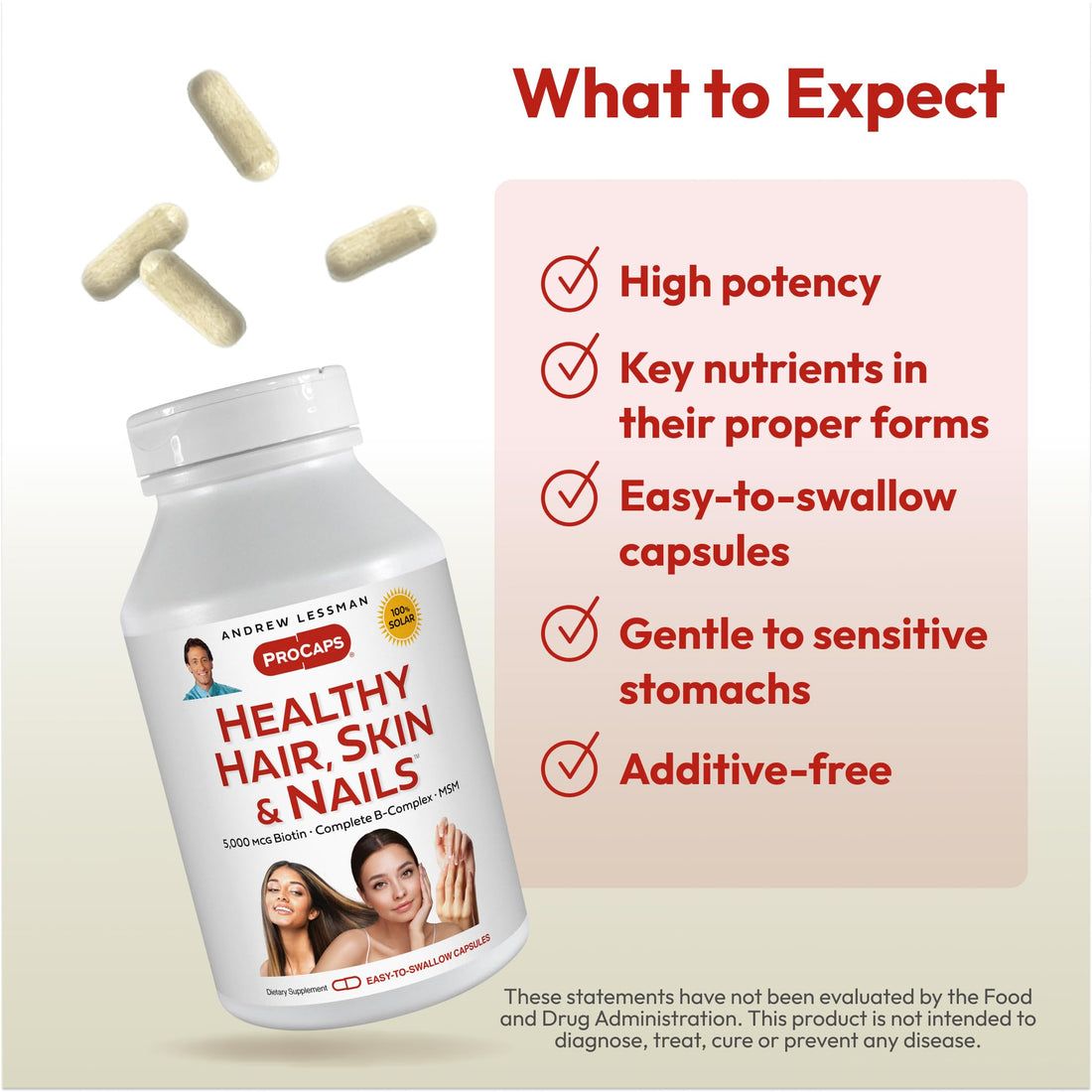 ANDREW LESSMAN Healthy Hair, Skin and Nails 120 Capsules - 5000 mcg High Bioactivity Biotin, B-Complex. Promotes Beautiful Skin, Strong Nails. No Additives Hair Growth Vitamins Biotin Supplement