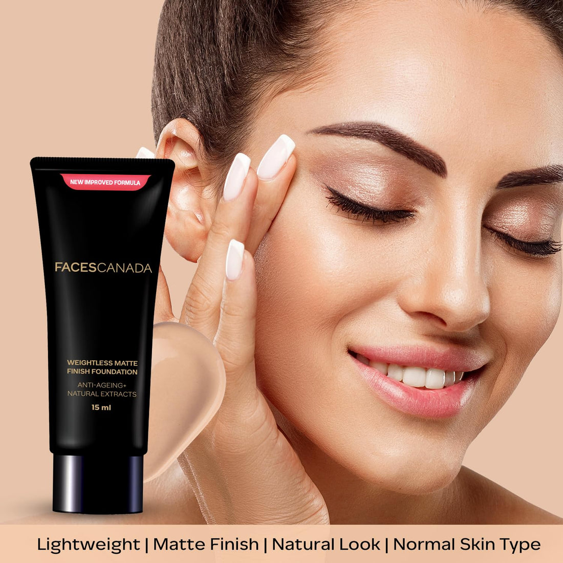 FACES CANADA Weightless Matte Finish Foundation - Natural, 15ml | Lightweight | Natural Finish | Anti-Ageing | Non-Clog Pores | Enriched With Olive Seed Oil, Grape Extract, Shea Butter
