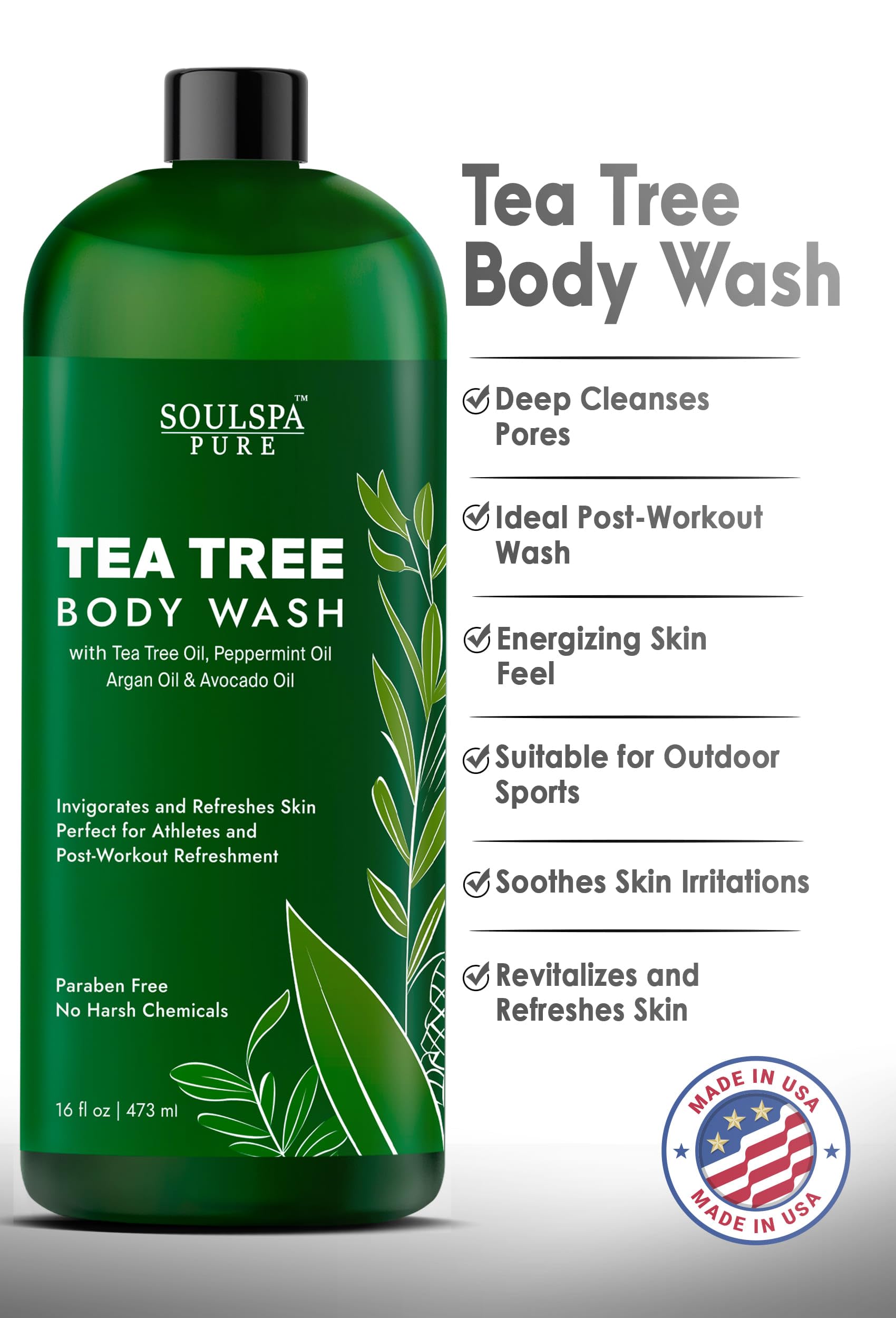 SOULSPA PURE Tea Tree Body Wash Men & Women - Shower Gel Soap with Peppermint - Helps with Body Odor, Soothes Itching, Deep Cleansing Post Workouts - 16 fl oz x 2