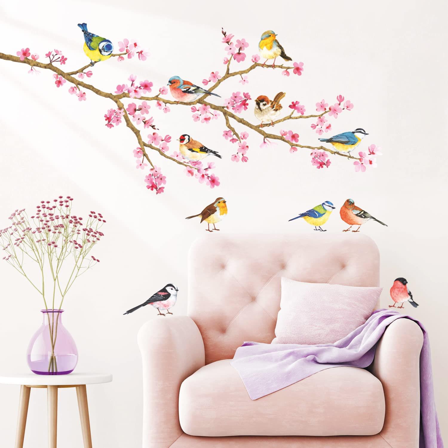 DECOWALL DS4-8039 Cherry Blossom & Garden Birds Kids Wall Stickers Wall Decals Peel and Stick Removable Wall Stickers for Kids Nursery Bedroom Living Room (Small) dcor