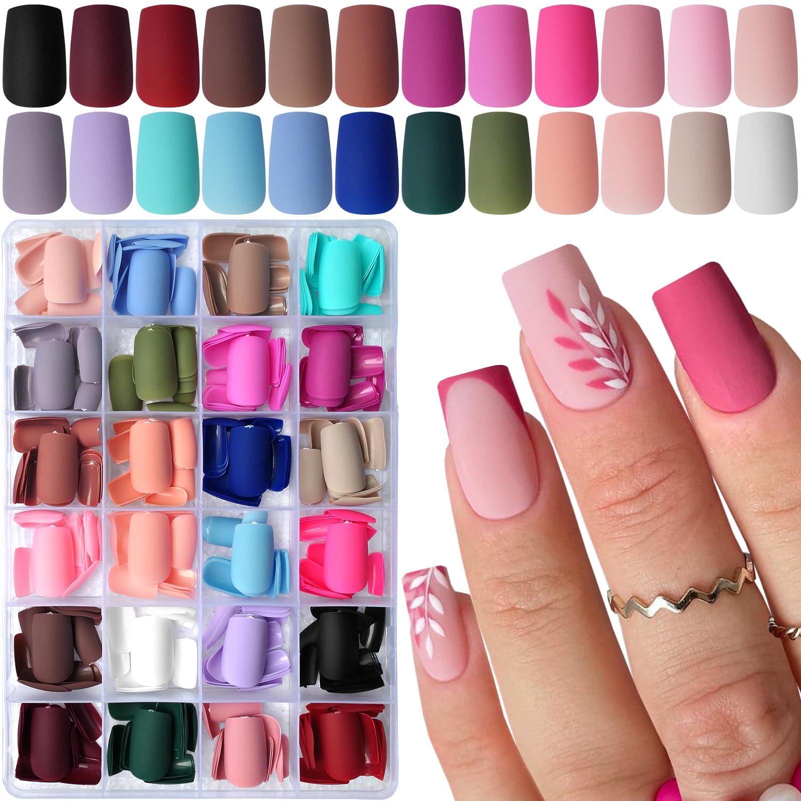 LoveOurHome 576pc Square Press on Nails Medium Matte Fake NailsTapered Square Full Cover Medium False Nails Press ons Nail Square Artificial Fingernails Colored Presson Nail Tips for Women Girls