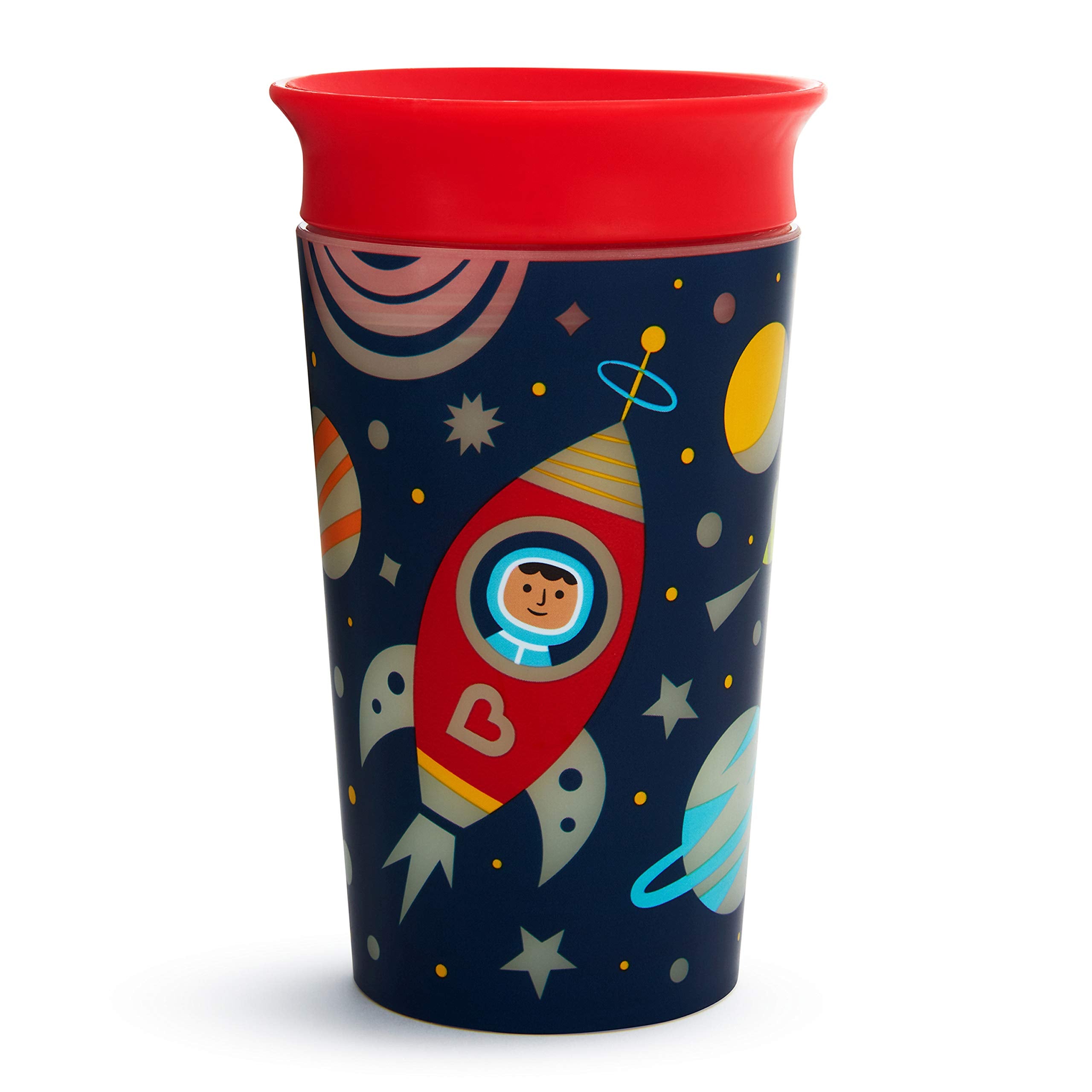 Munchkin Glow in The Dark Toddler Sippy Cup with Miracle 360 Spoutless Spill Proof Drinking Edge, 9 Ounce, Astronaut, Red