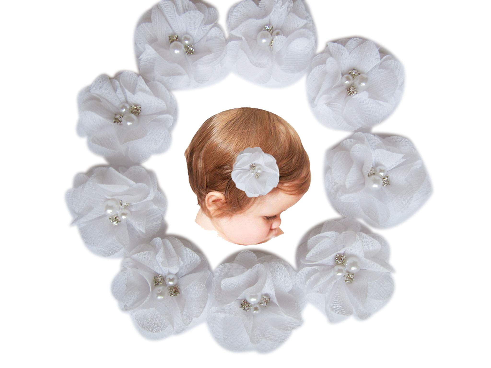 Baby Girls Chiffon Flower Hair Clips with Rhinestones and Pearl,YYCRAFT 10 pcs Party Wedding 2 Hair Accessory for Kids Toddler Infant Girls(Snow White)
