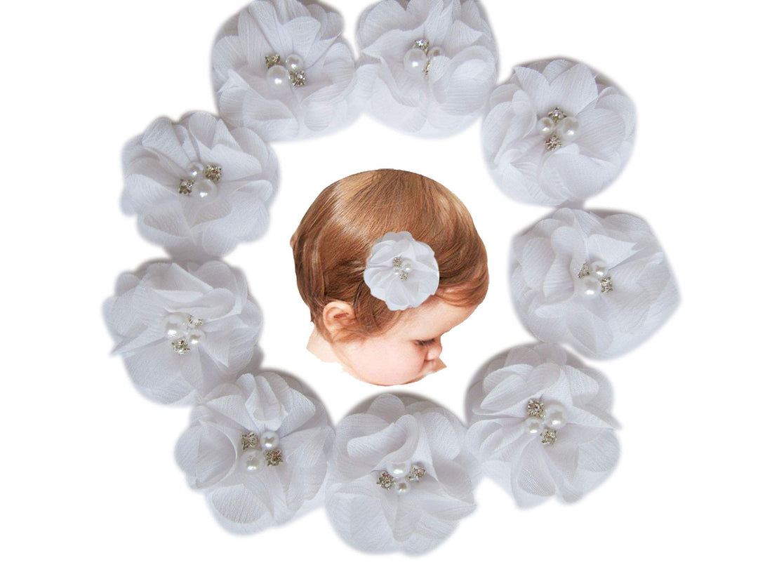 Baby Girls Chiffon Flower Hair Clips with Rhinestones and Pearl,YYCRAFT 10 pcs Party Wedding 2 Hair Accessory for Kids Toddler Infant Girls(Snow White)