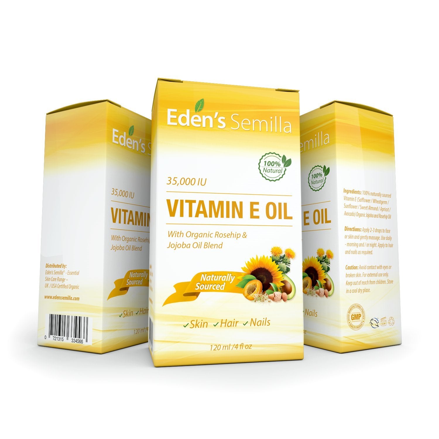 100% Plant Extract Vitamin E Oil 35,000 IU + Organic Rosehip & Jojoba Blend - Fast Absorbing Skin Protection for Face & Body. Pure Ingredients - Ideal for Sensitive Skin - Use Daily