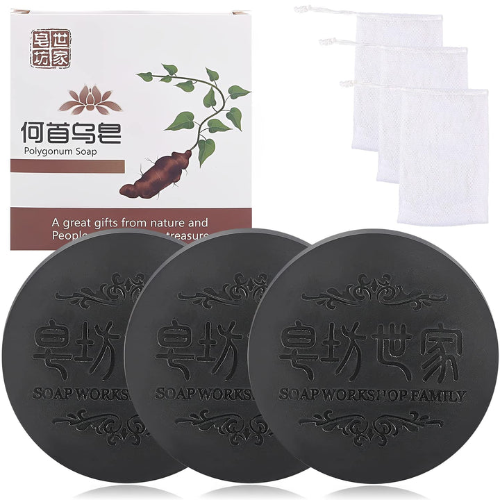 Black & Thick Hair Fallopia Multiflora Shampoo Bar,Polygonum Soap with Foaming Net,He Shou Wu Extract Shampoo,Deeply Cleanses Hair Scalp,Organic Moisturizes Repairs Hair Damage (3pcs)