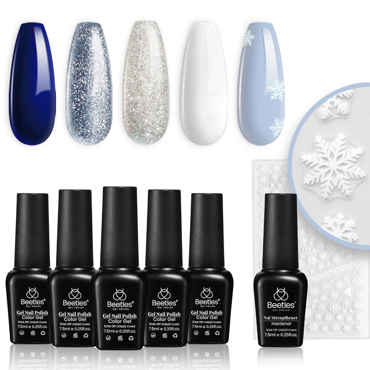 Beetles Christmas Gel Nail Polish Set- Glitter White Gel Polish Kit Soak Off LED UV Nail Lamp Blue Silver Gel Polish Gift with Reinforcement Gel Design Nail Sticker Decals Snowflakes Nail Decoration