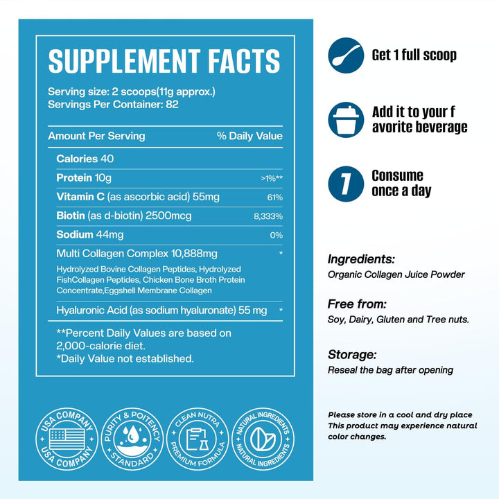 VOLTZAP Multi Collagen Peptides Powder, Type I,II,III,V,X, Biotin & Vitamin C, Natural Supplement for Healthy Skin, Hair, Nails, Joints - Unflavored
