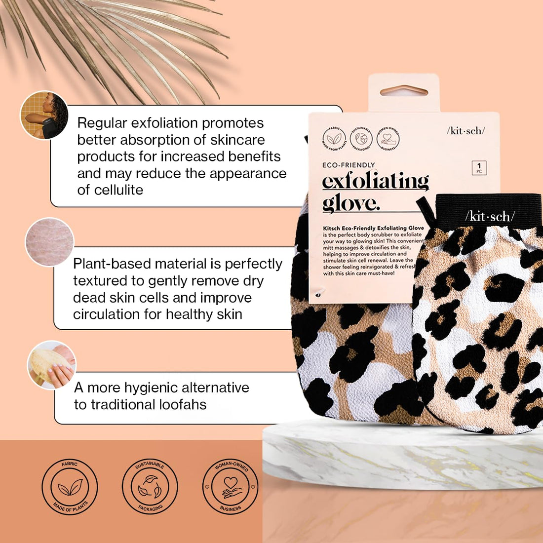 Kitsch Deep Exfoliating Glove, Eco Friendly Exfoliating Body Scrubber, Dead Skin Remover and Body Scrub Mitt for Skin Cell Renewal, for Shower and Bath, Leopard