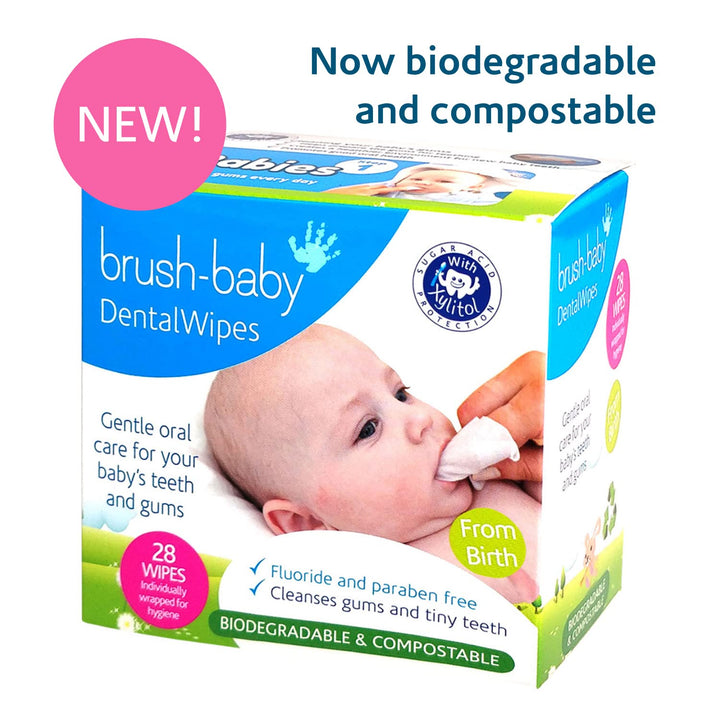 Brush Baby Teething Relief Dental Wipes for Ages 0-Toddler - Naturally Eliminate Teething Pain, Prevent Tooth Decay and Sour Milk Breath - 28 Finger Wipes (2-Pack)