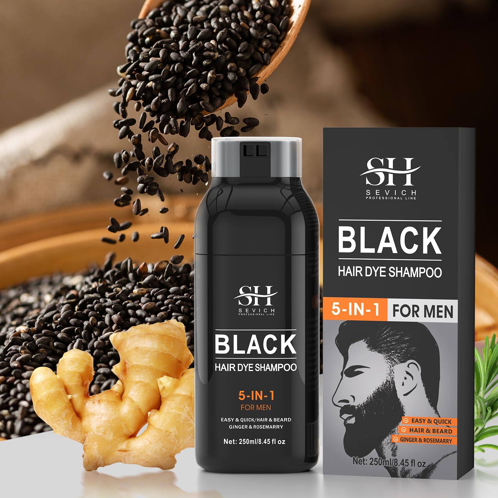 SEVICH Black Hair & Beard Dye Shampoo,Semi Permanent Hair Color,Shampoo for Gray Hair and Beard Coverage for Men, 5 in 1 Dye Shampoo Conditioner with Natural Ingredients, 250ML