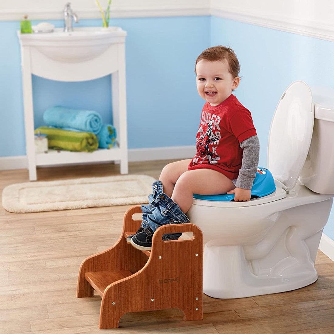 DORPU Wooden Step Stool for Adults Kids, Super Sturdy Non-Slip Stepping Stool, Holds 270lbs, Portable Toddler 2 Step Stool, Bamboo Wood Kids Stool for Bathroom, Potty Training, Kitchen (Brown)