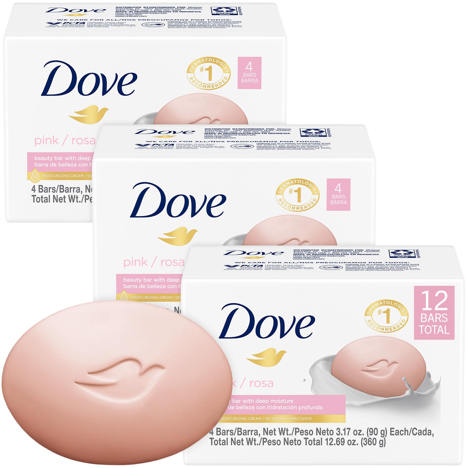 Dove Soap, Pink Beauty Bar 3-Pack (12 Soap Bars) – 3-in-1 Moisturizing Face, Body & Hand Soap, 4.75 Oz Ea