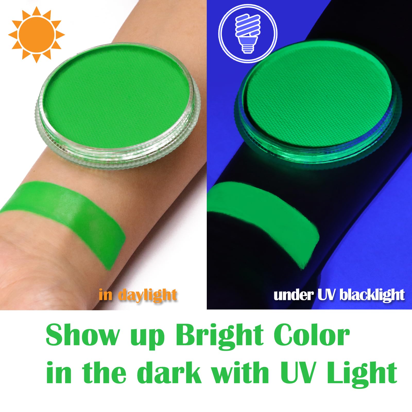 MEICOLY Neon Green Face Paint,Glow in The Dark Body Paint,Fluorescent Single Color Water Activated Eyeliner,1.05oz,Neon Green/UV Green