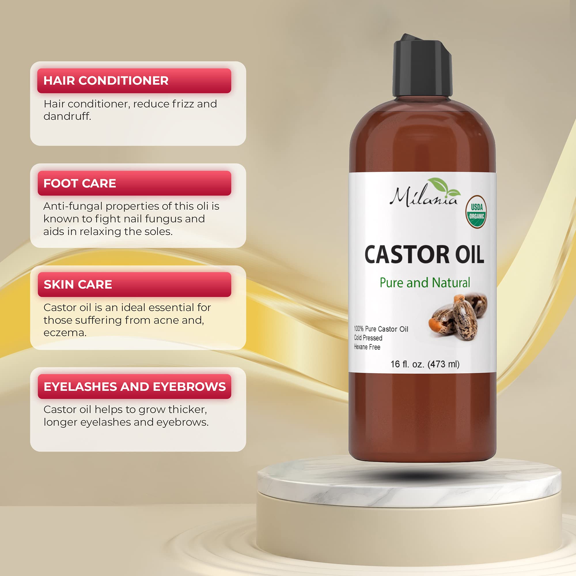 MILANIA Organic Castor Oil-100% Pure Cold-Pressed Beauty & Skincare Serum-Eyelash & Eyebrow Hair Growth Enhancer-Natural Conditioner