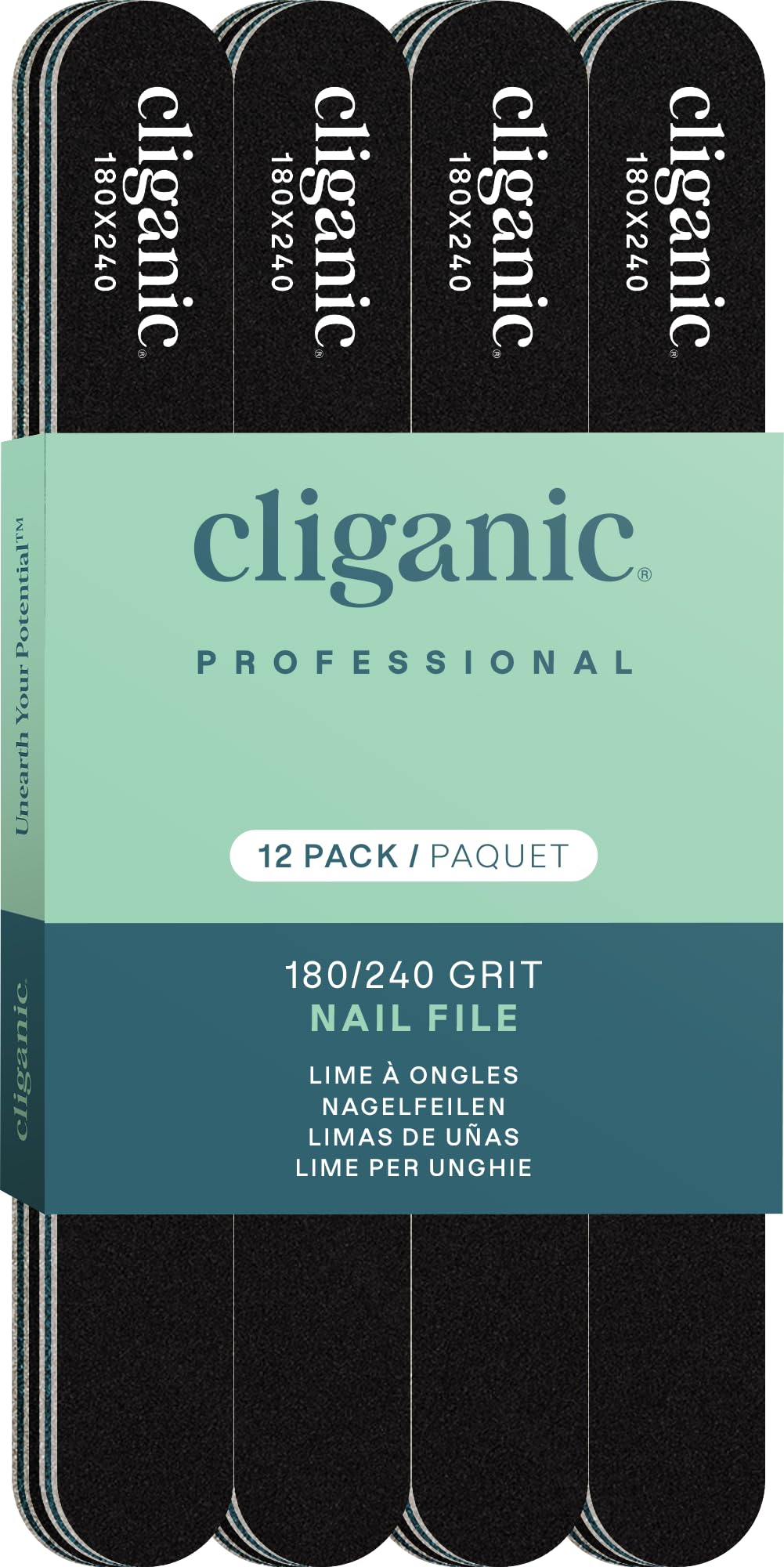 180/240 Grit , Black : 12 Pack Nail File Set: 180/240 Grit | Professional Washable Double Sided Emery Board - Buffer Files Kit | Cliganic 90 Days Warranty