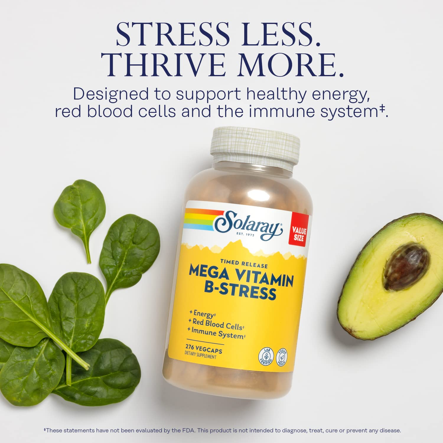 SOLARAY Mega Vitamin B-Stress - Timed Release Vitamin B Complex w/Vitamin B12, B6, Folic Acid, VIT. C - Stress, Energy, Red Blood Cell, Immune Support - Vegan, 60-Day Guarantee (276 CT)