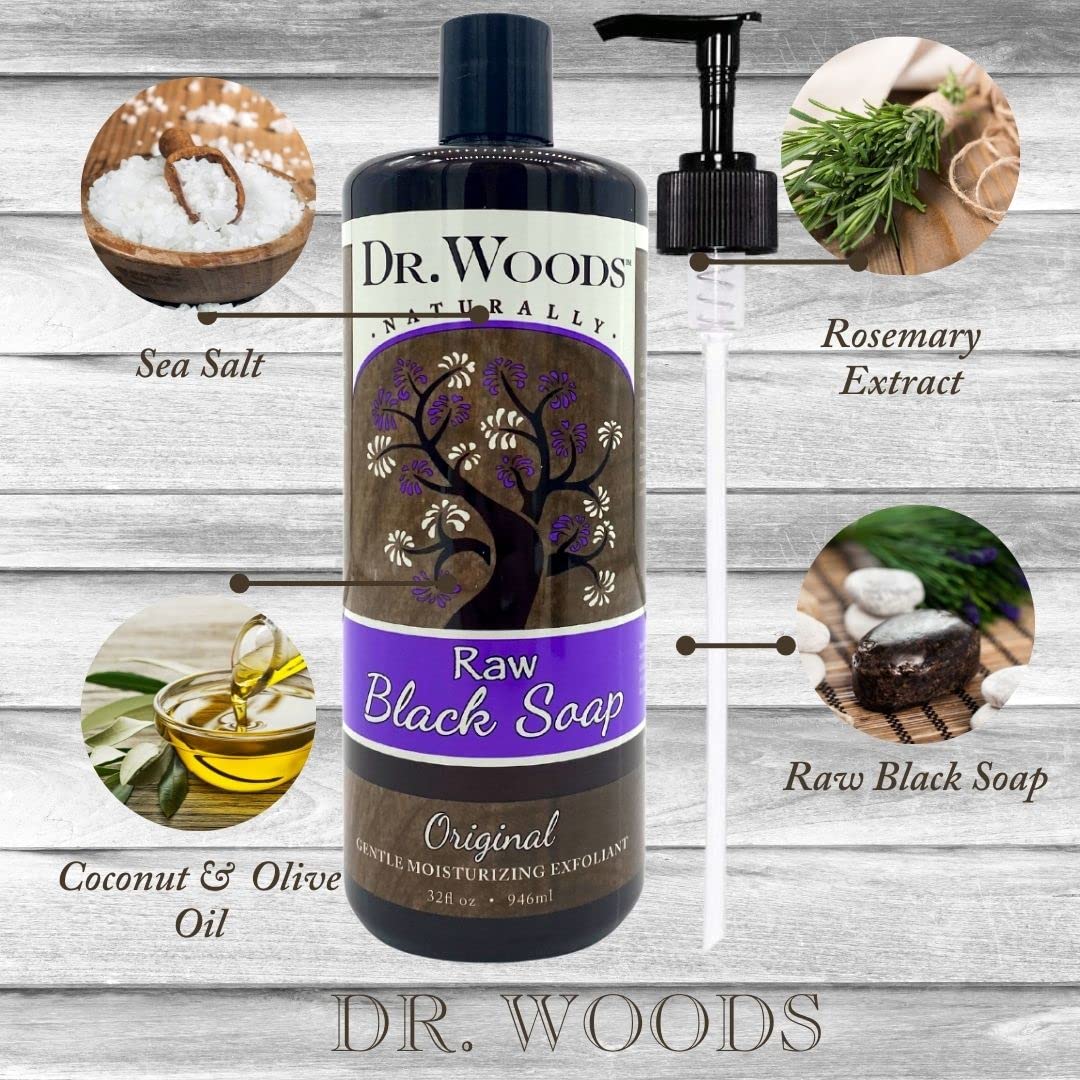 Dr. Woods African Raw Black Vegan Liquid Castile Soap with Pump, 32 Ounce