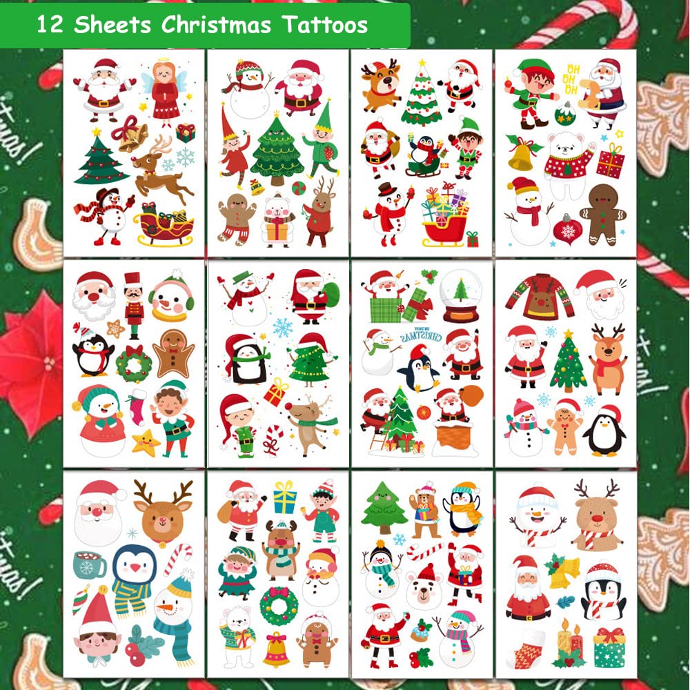 Hohamn Christmas Temporary Tattoos for Kids, 12 Sheets Christmas Holiday Fake Tattoos for Baby Boys Girls Xmas Party Gifts Crafts Decoration