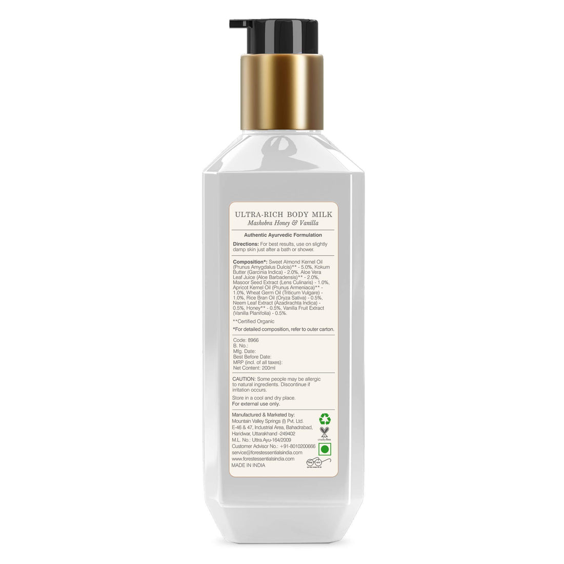 Forest Essentials Ultra-Rich Body Milk Mashobra Honey & Vanilla| Natural Moisturizing Body Lotion For Instant Hydration | Ayurvedic Body Moisturizer, Paraben Free| For Women & Men | 200 ml