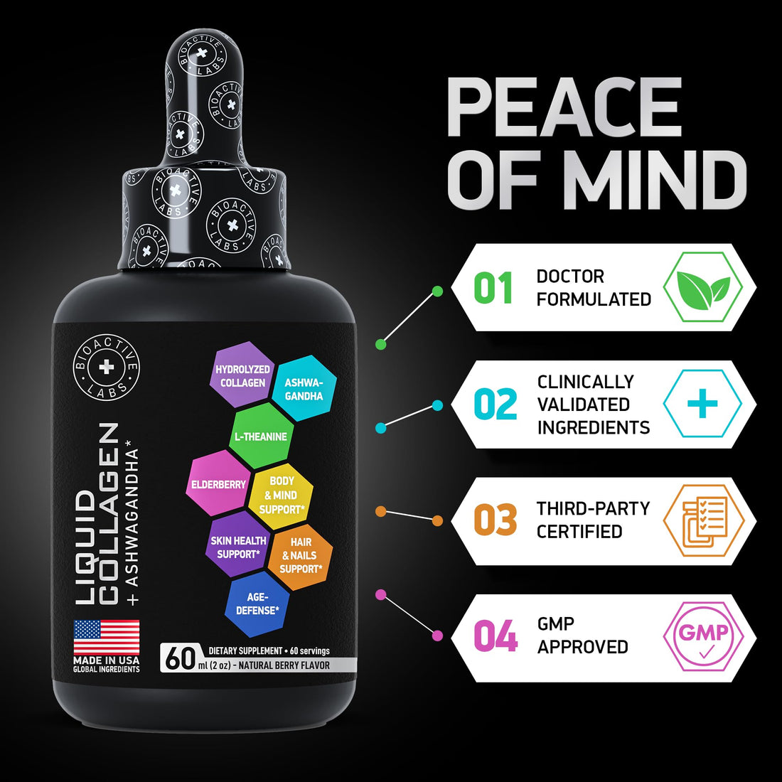 BIOACTIVE LABS Liquid Collagen for Women and Men with Calming Ashwagandha - 100,000mcg Bovine Collagen, 100mg Ashwagandha Liquid for Radiant Skin, Hair, Nails, and Immune Support - 2oz Drops