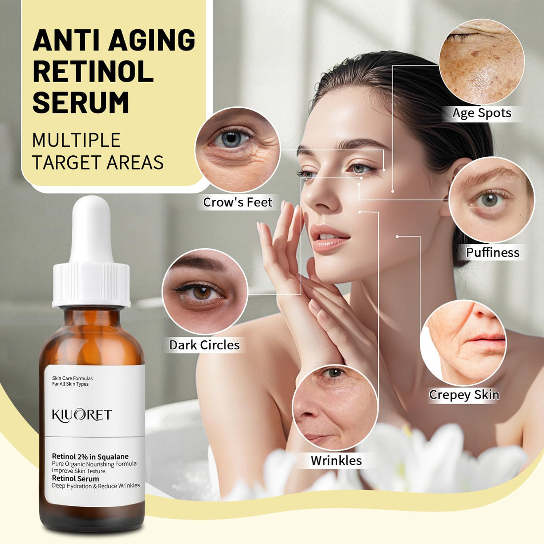 Retinol Serum for Face, 2% Retinol Serum with Squalane, Hyaluronic Acid, Vitamin E, Niacinamide for Anti-Aging, Wrinkles and Fine Lines, Improves Texture for All Skins, 30ml of 1 Pack