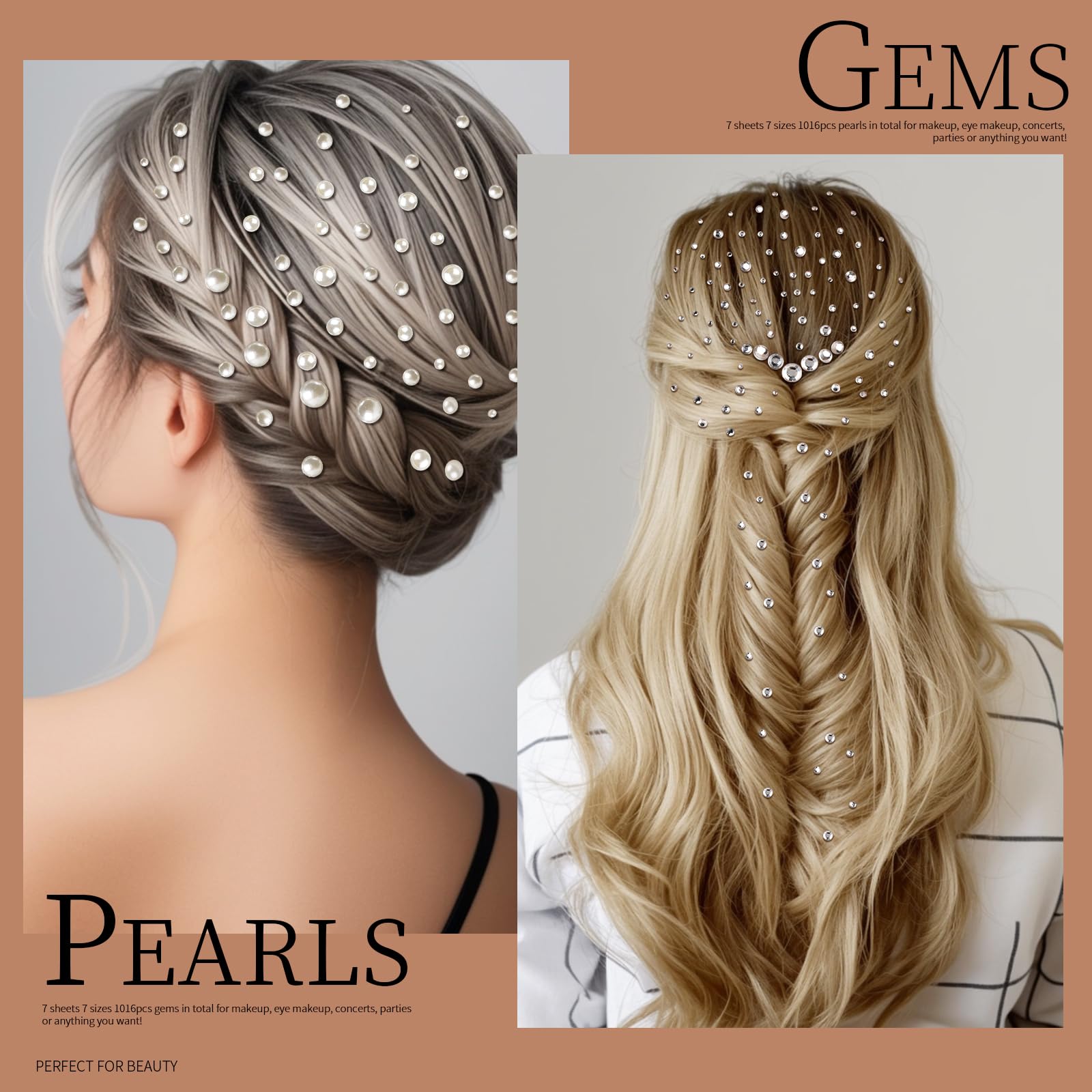 Teenitor Hair Gems and Face Gems 2032 PCS Self-Adhesive Face Gems Hair Gems Face Jewels, Face Gems Stick On Pearls for Crafts Hair Gems for Face 7Sizes 3/4/5/6/8/10/12mm