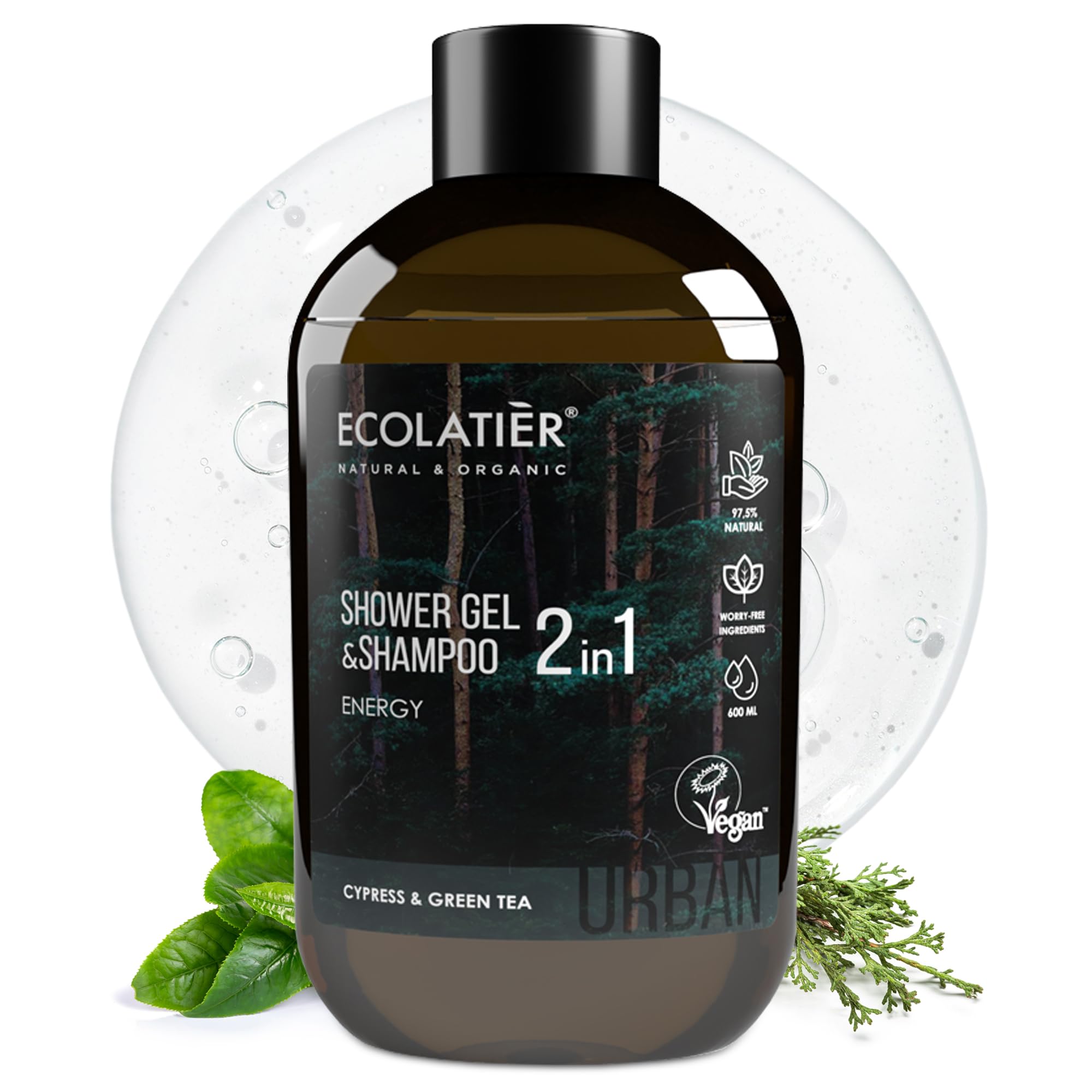 ECOLATIÈR 2-in-1 Body Wash Men & Shampoo Men - Energy Boost, 97.5% Natural Ingredients, Vegan, Natural Body Wash & Hair Cleanser, 20.3 Fl Oz