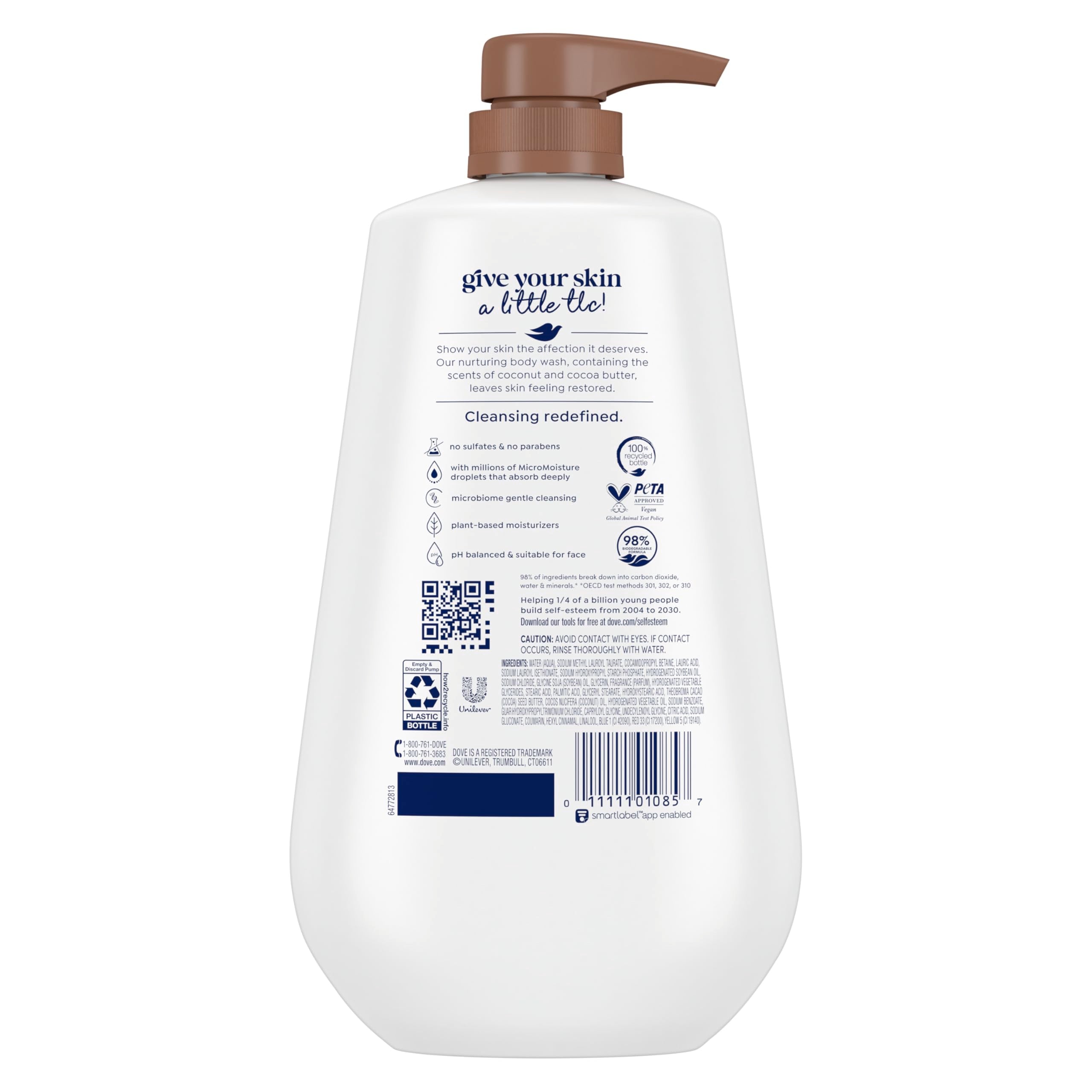 Dove Body Wash with Pump Restore Coconut & Cocoa Butter for 24hr Lotion-Soft Skin Moisturizing Skin Cleanser with No Sulfates No Parabens 30.6 Oz