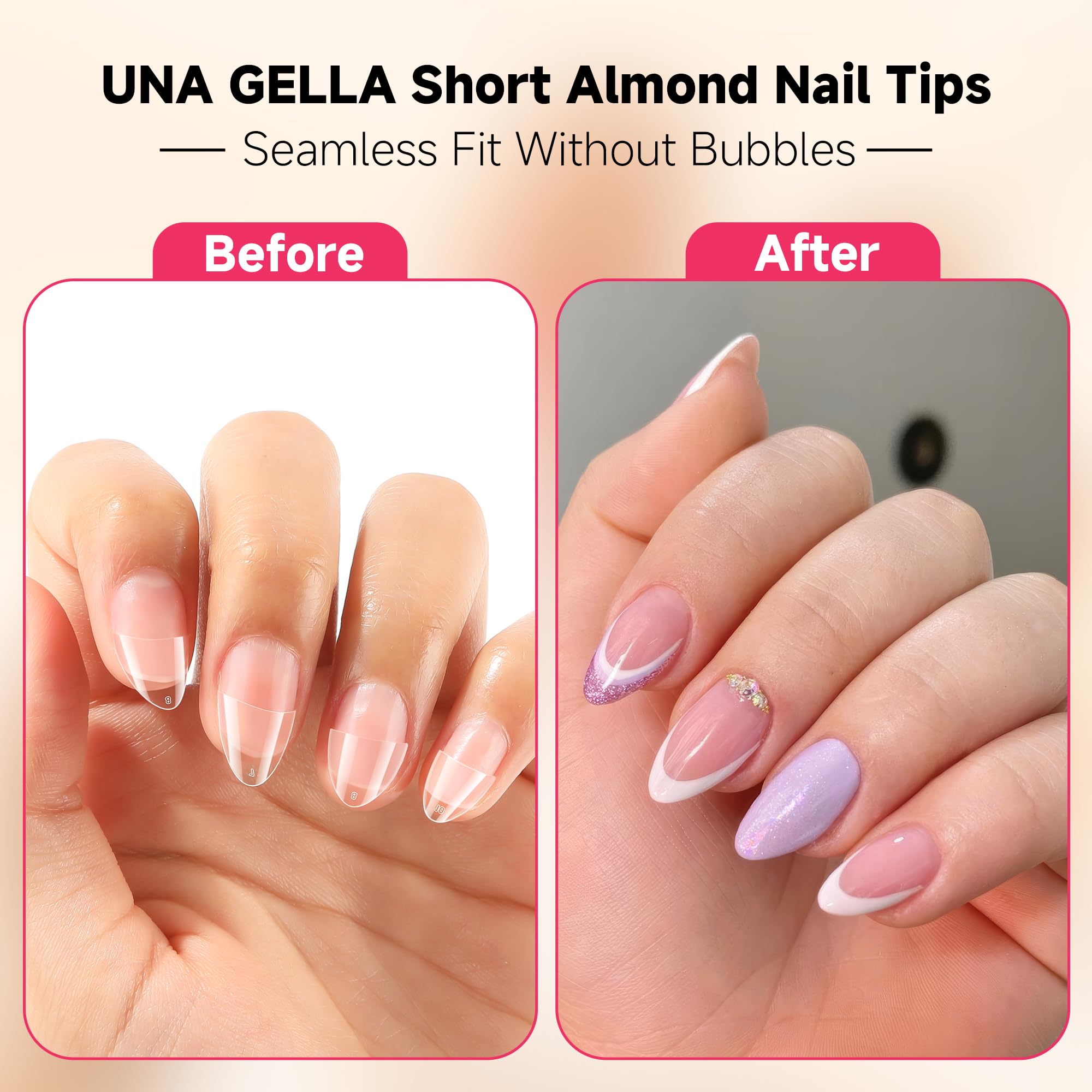 UNA GELLA Short Almond Gel Nail Tips: Half Cover 504PCS Extra Short Fake Nail Tips Almond Shape 12sizes Pre Etched Salon Quality Soft Acrylic Press On Nails for Home Nails Extension
