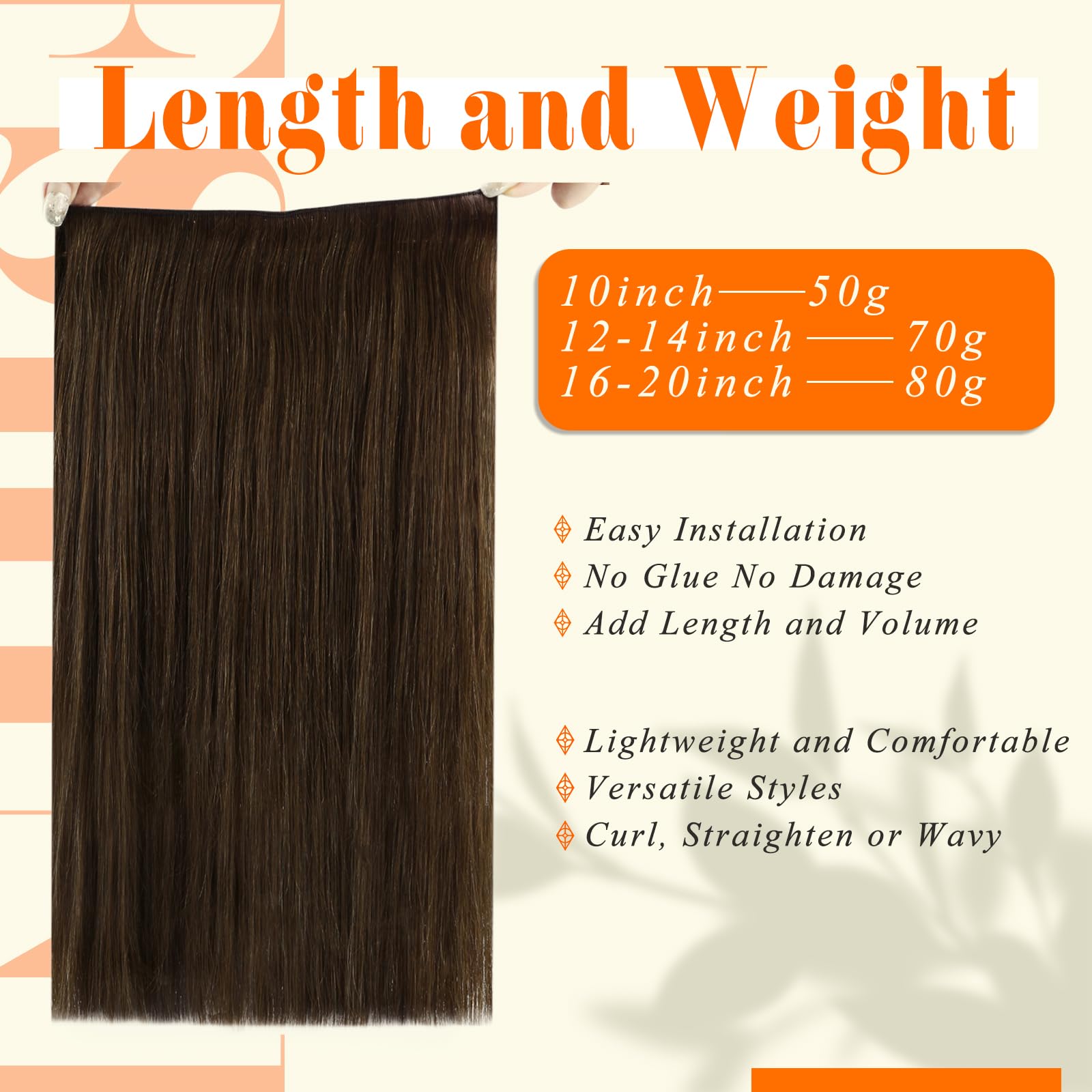 Fshine Wire Hair Extensions Undetectable Invisible Human Hair Crown Headband Dark Brown 16 Inch 80 Gram Hidden Wire Crown Extensions Real Human Hair One Piece Clip in Real Hair Extensions