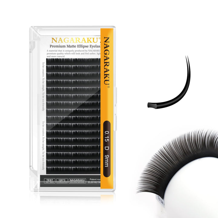 NAGARAKU Ellipse Eyelash Extensions Flat Split Tips Individual Lash 0.15mm D curl 9mm Matte Black Faux Mink Classic Lash Supplies