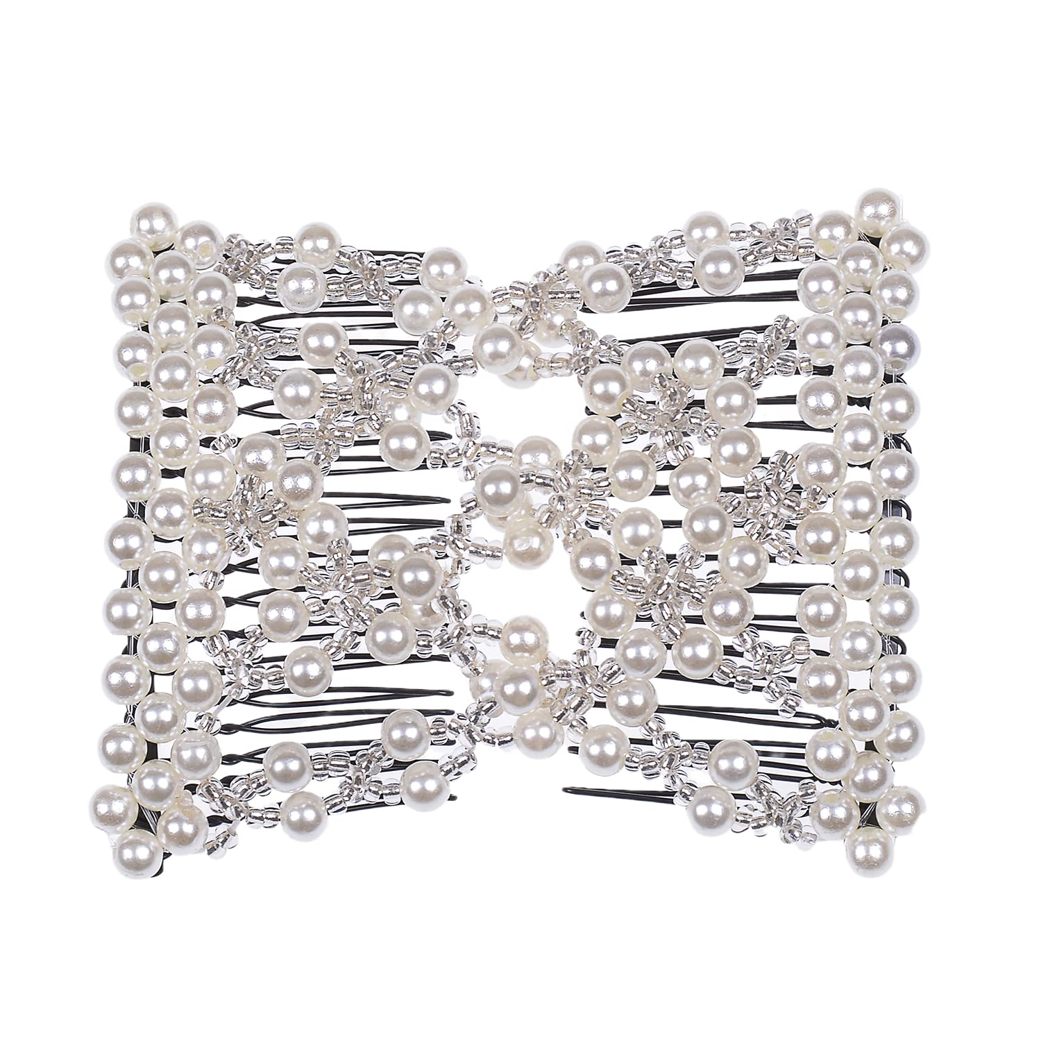 Lovef 3 Pcs Fashion Exquisite Beaded Ez Stretchable Combs Flower Pearl Double Hair Combs Magic Crystal Double Clips Insert Combs for Lady Women Girls