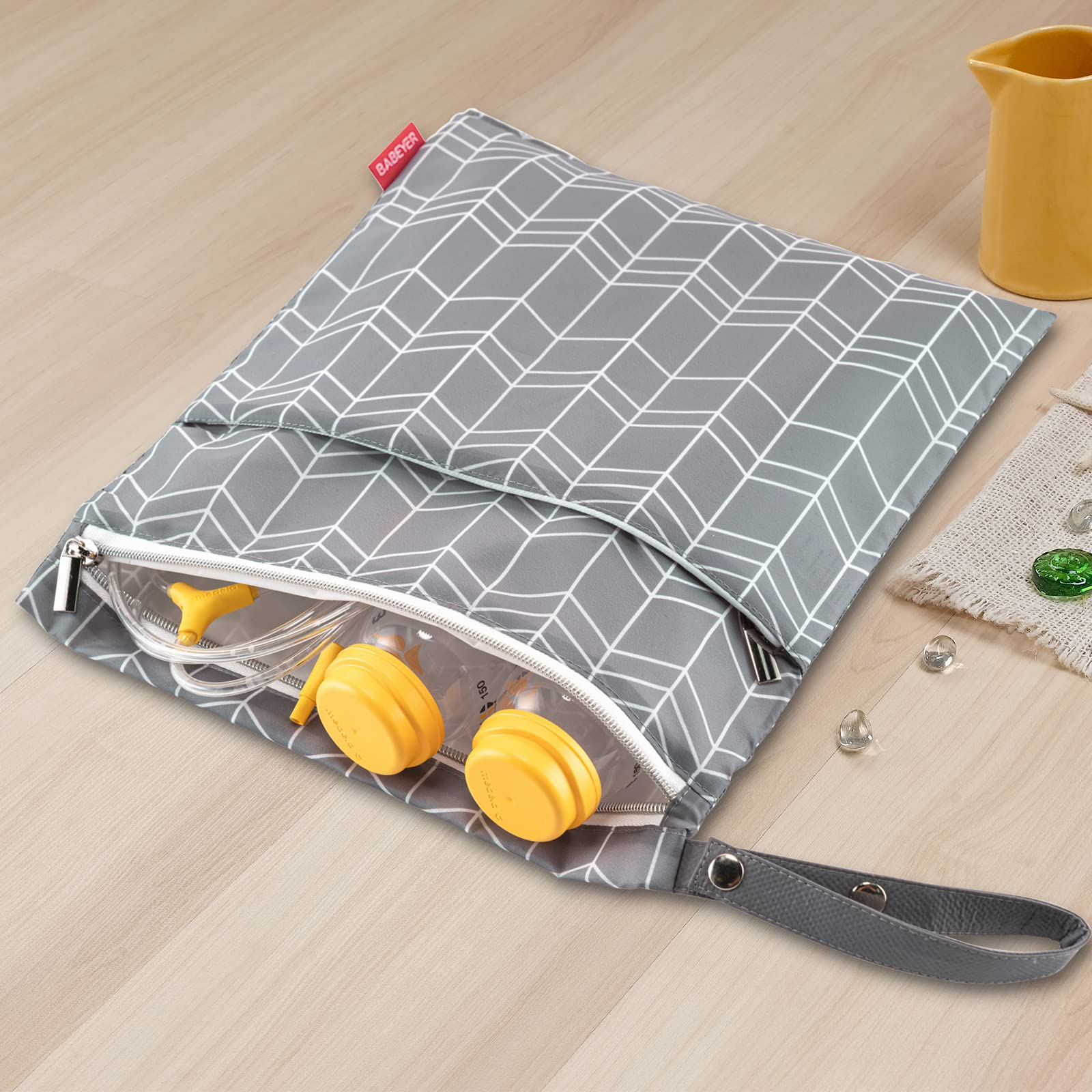 BABEYER Wet Dry Bag for Breast Pump Parts Storage, Waterproof Pump Parts Bag with Place Mat for Moms Pumping at Work-Wave