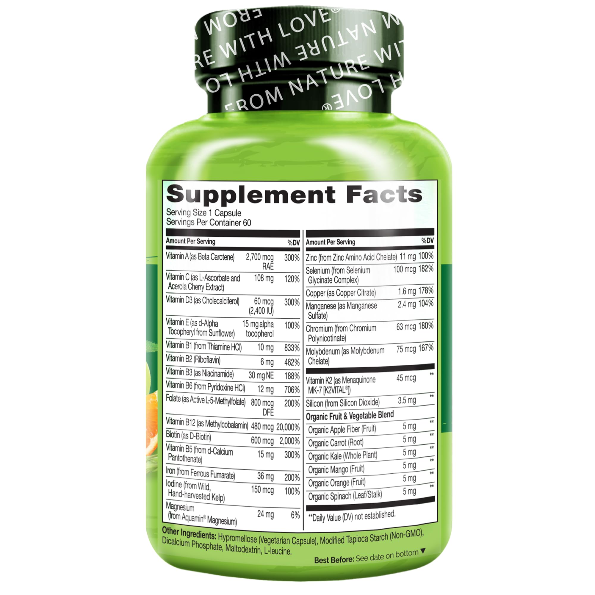 NATURELO Bariatric Multivitamin - One Daily with Iron - Supplement for Post Gastric Bypass Surgery Patients - Natural Whole Food Nutrition - 60 Veggie Capsules