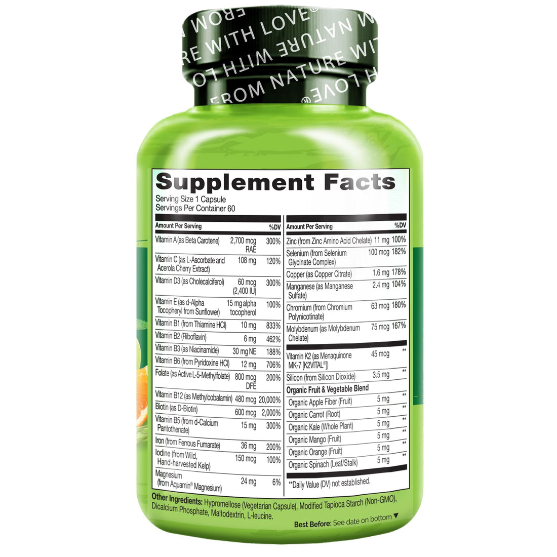 NATURELO Bariatric Multivitamin - One Daily with Iron - Supplement for Post Gastric Bypass Surgery Patients - Natural Whole Food Nutrition - 60 Veggie Capsules