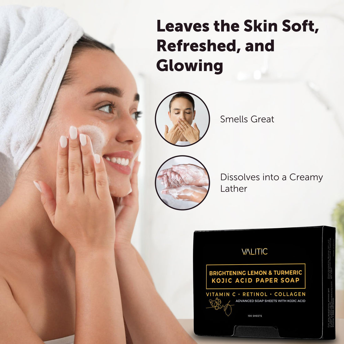 VALITIC Brightening Lemon Turmeric Kojic Acid Paper Soap - Vitamin C, Retinol, Collagen - Original Japanese Complex - Hyaluronic Acid, Vitamin E, Shea Butter, Castile Olive Oil - 3 Pack