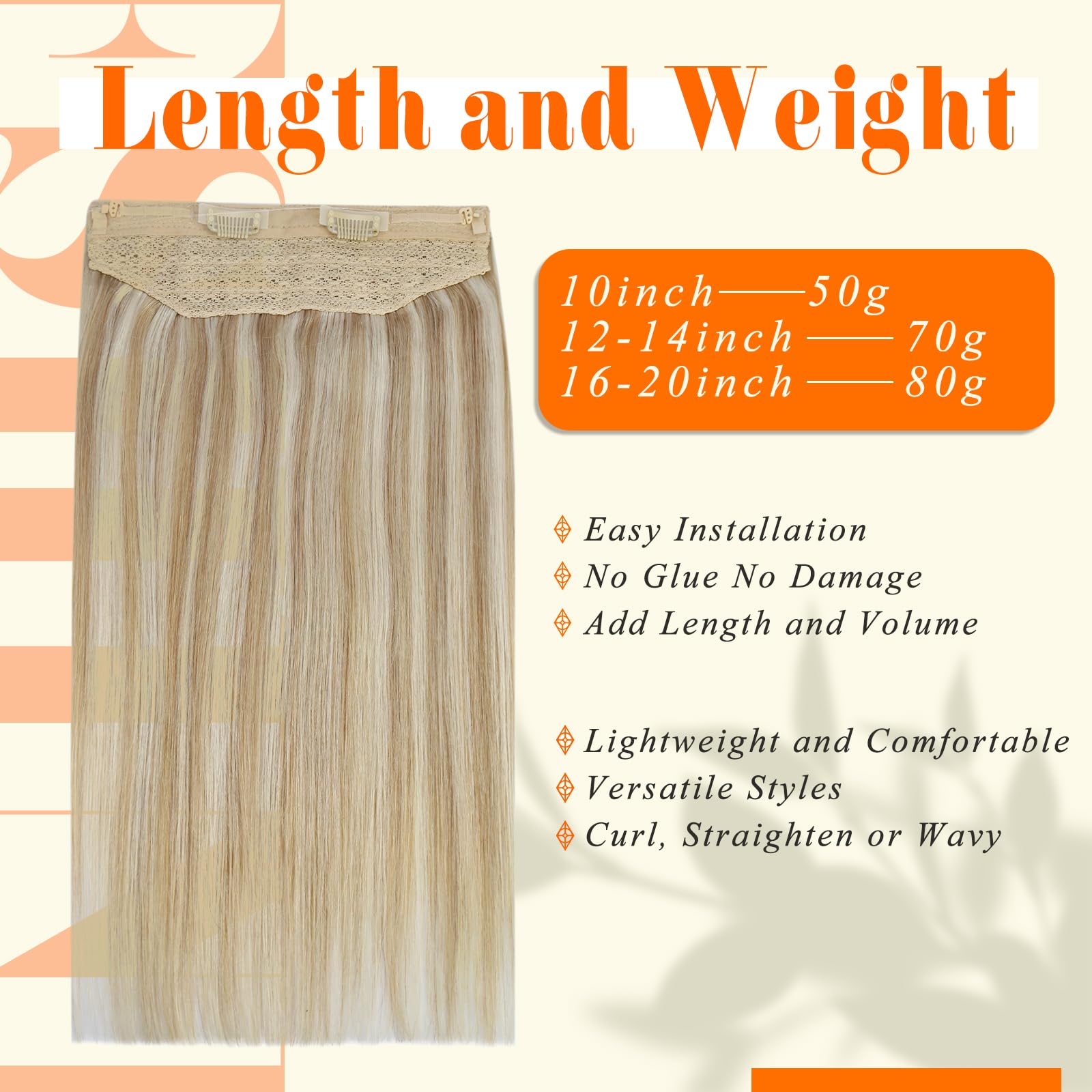 Fshine Hidden Hair Extensions Crown Human Hair Honey Blonde Highlight Bleach Blonde 16 Inch Removable Hair Extensions Secret Crown Invisible Extensions Human Hair for Thin Hair 80Gram One Piece