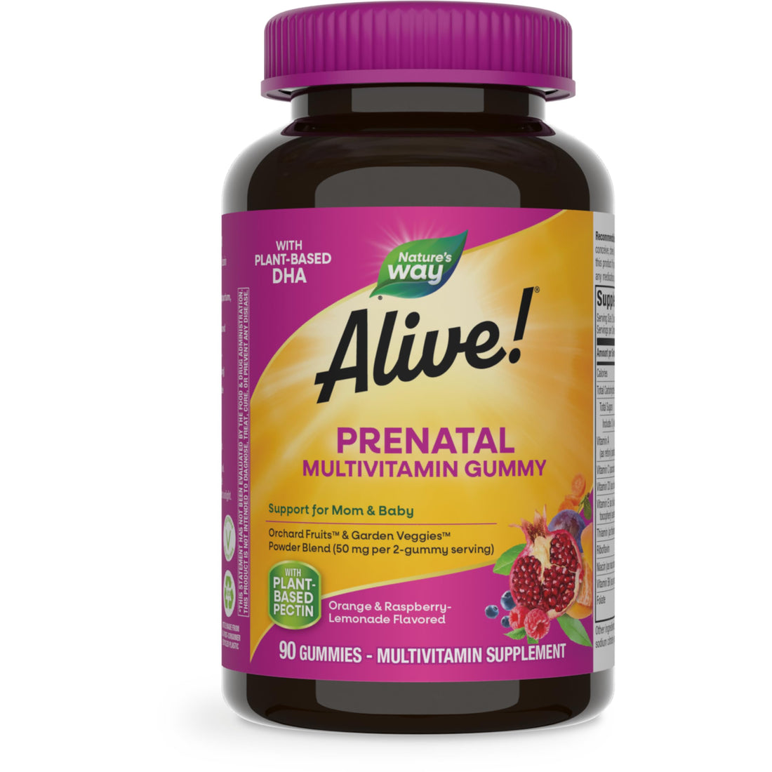 Nature’s Way Alive! Prenatal Multivitamin, Plant-Based DHA for Baby's Healthy Brain & Eye Development*, Vegetarian, Orange and Raspberry Lemonade Flavored, 90 Gummies (Packaging May Vary)
