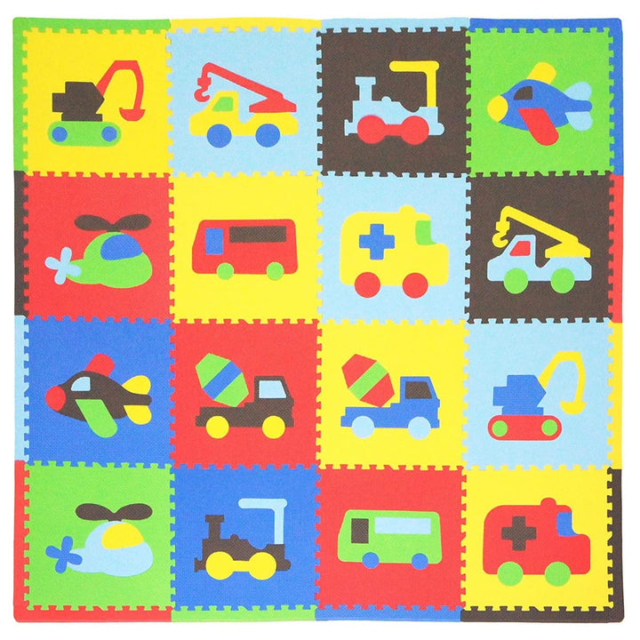 Tadpoles Foam Playmats for Kids, 16 Interlocking Foam Tiles, Total Floor Coverage 50” x 50” (16 Sq Ft), For Ages 3 and Up, Multicolor Transportation Print