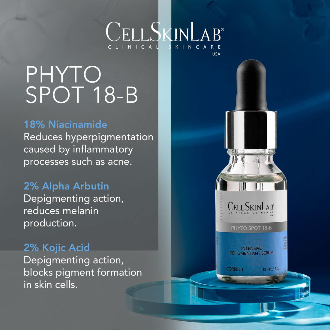 CellSkinLab Phyto Spot 18-B CSL - Intense Despigmentant Serum - Hyperpigmentation Brightening Serum with High Concentration of Niacinamide, AntiSpot Complex and Hyaluronic Acid