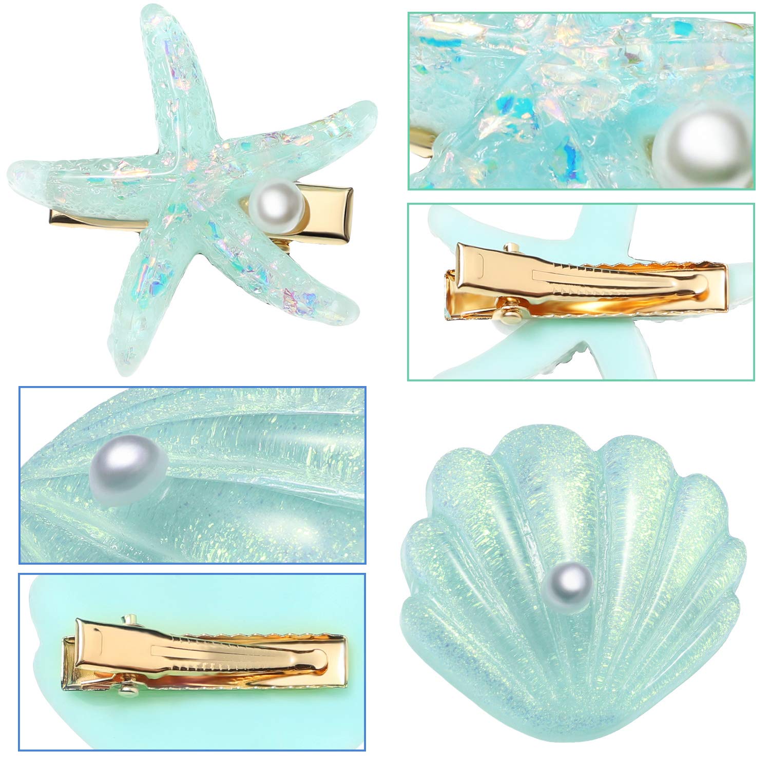 8 Pieces Starfish Hair Clip Shell Pearl Hair Barrettes Resin Mermaid Hair Accessories for Women Beach Wedding Party