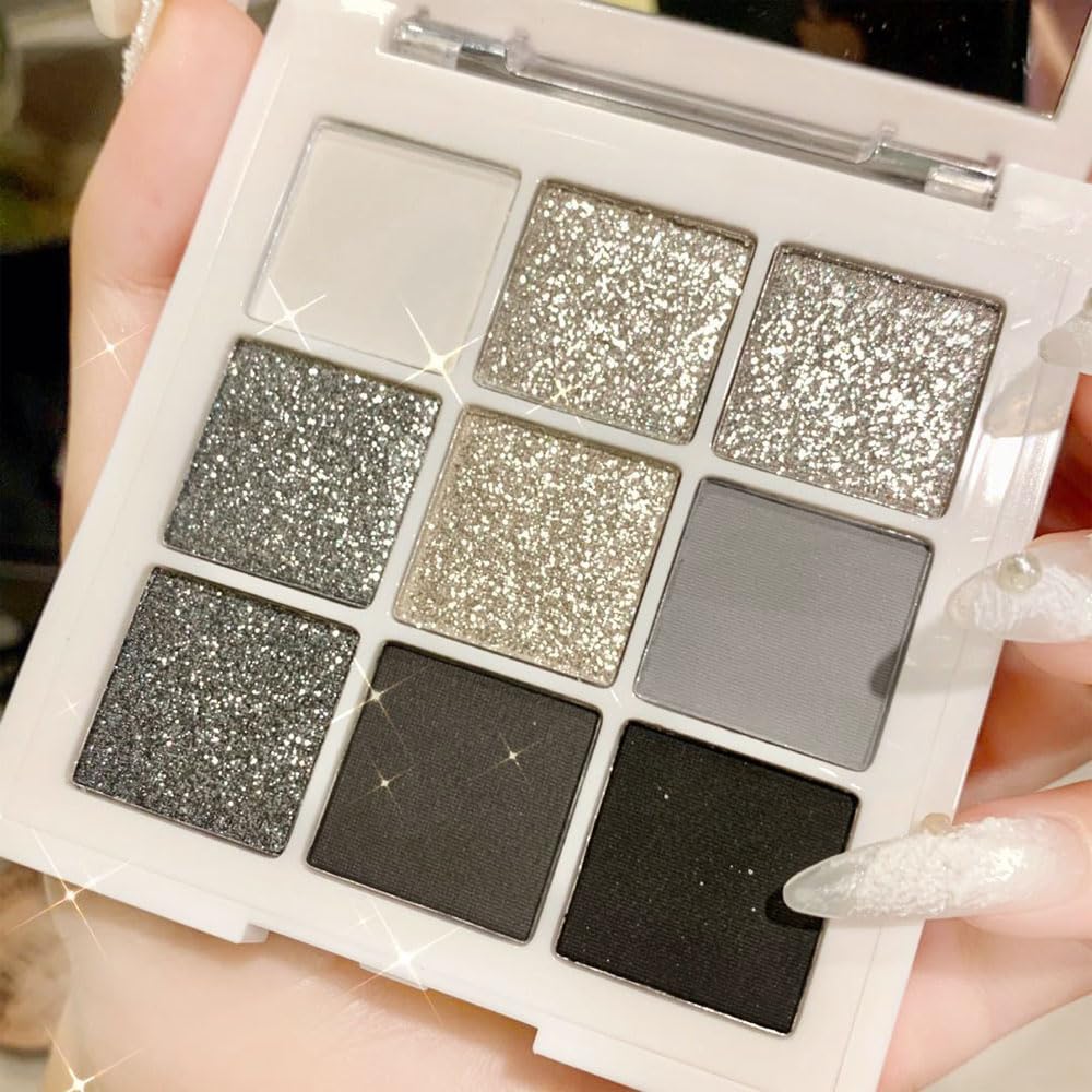 evpct 9 Colors Black Smokey Grey Gray Silver Glitter Shimmer Eye Shadow Makeup Palette Highly Pigmented Black Glitter Eyeshadow Makeup Palette sombra negra para ojos para ojos brillantes