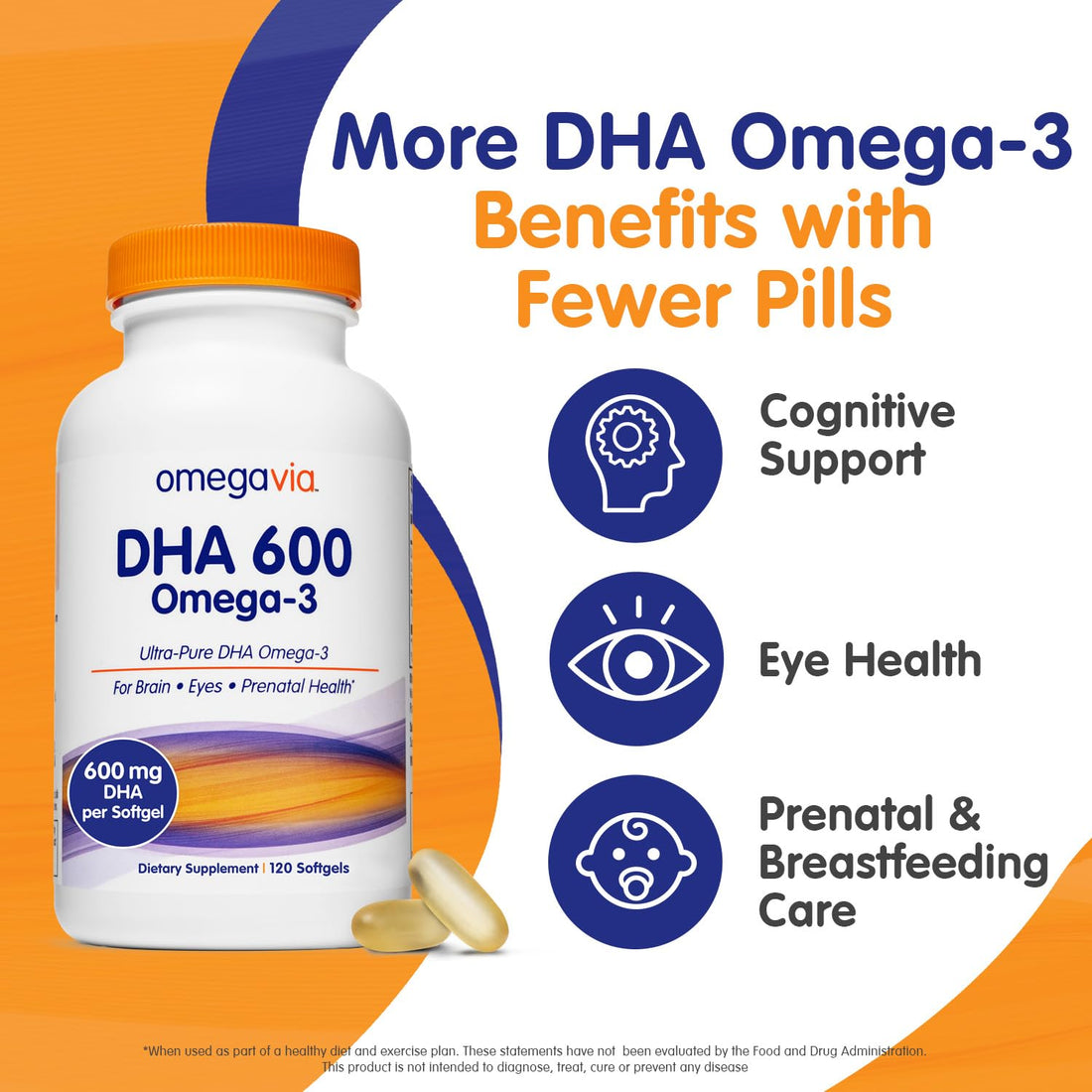 OmegaVia DHA 600 mg, Ultra Pure Omega-3 DHA Supplements for Brain and Eyes, Pregnancy and Prenatal DHA Vitamins for Women, Burpless Fish Oil Omega 3 Supplement, IFOS 5-Star Tested - 120 Softgels