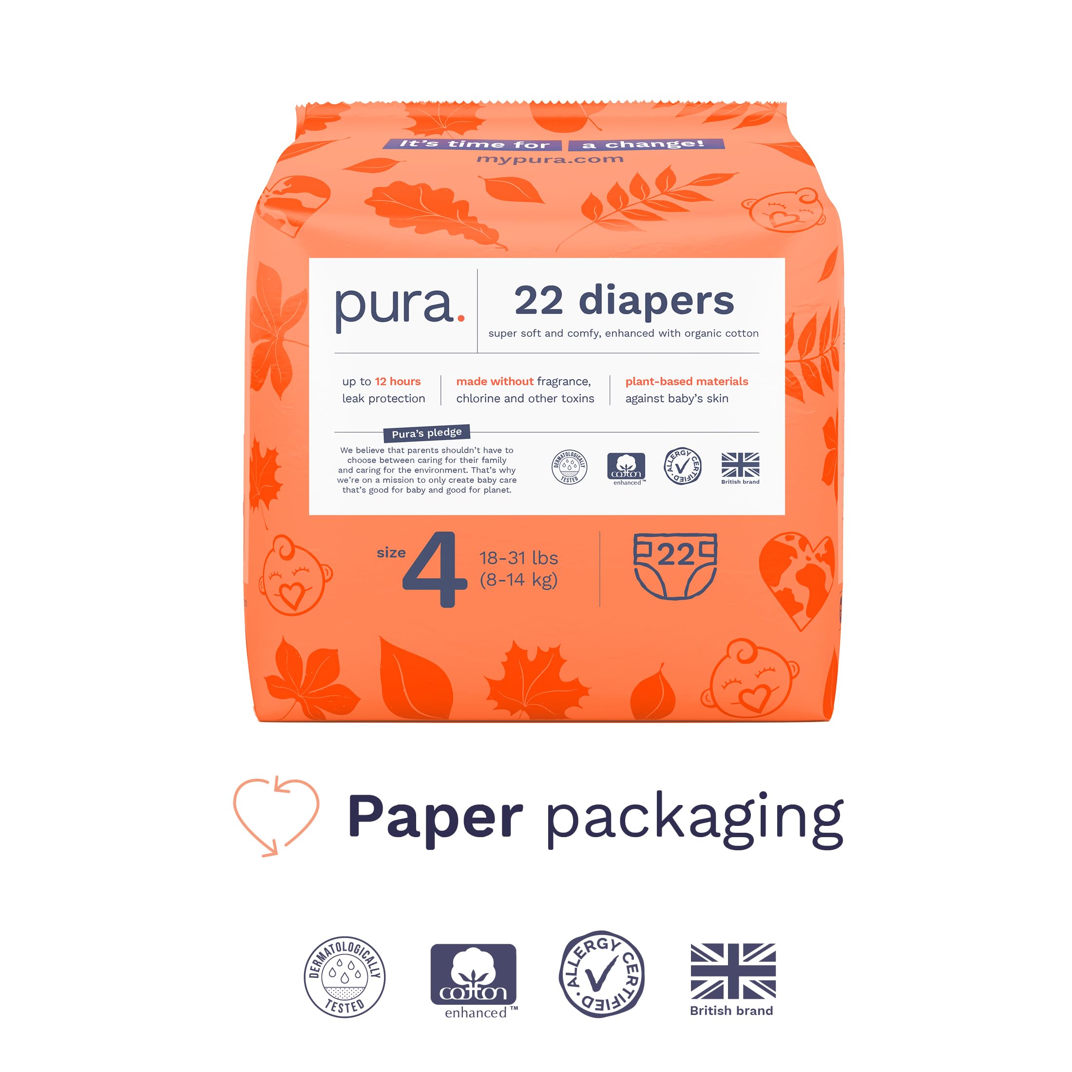 Pura Size 4 Eco-Friendly Diapers (18-31 lbs) Hypoallergenic, Soft Organic Cotton, Sustainable, up to 12 Hours Leak Protection, Allergy UK, Recyclable Packaging, 6 Packs of 22 (132 Diapers)