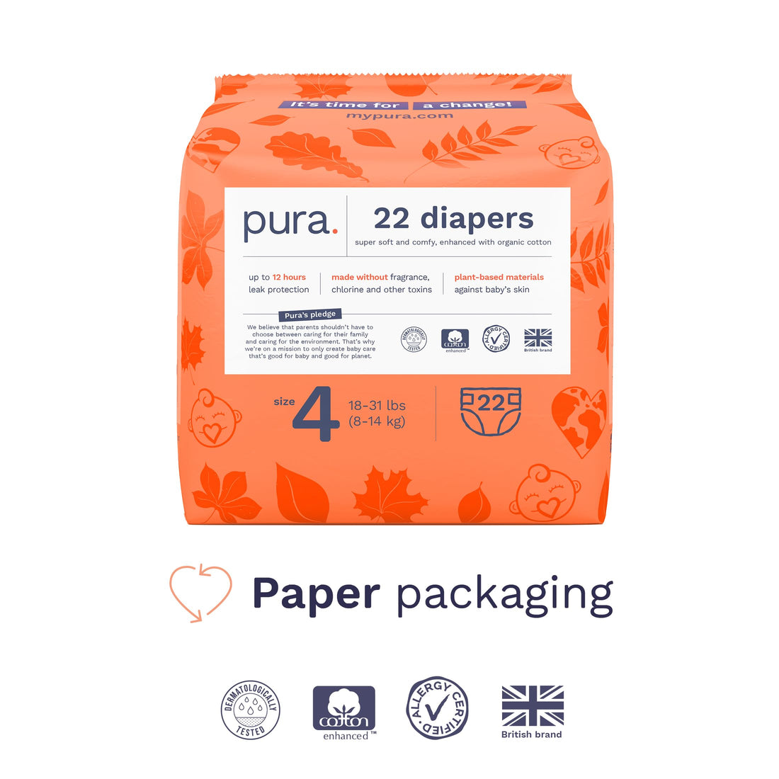Pura Size 4 Eco-Friendly Diapers (18-31 lbs) Hypoallergenic, Soft Organic Cotton, Sustainable, up to 12 Hours Leak Protection, Allergy UK, Recyclable Packaging, 6 Packs of 22 (132 Diapers)