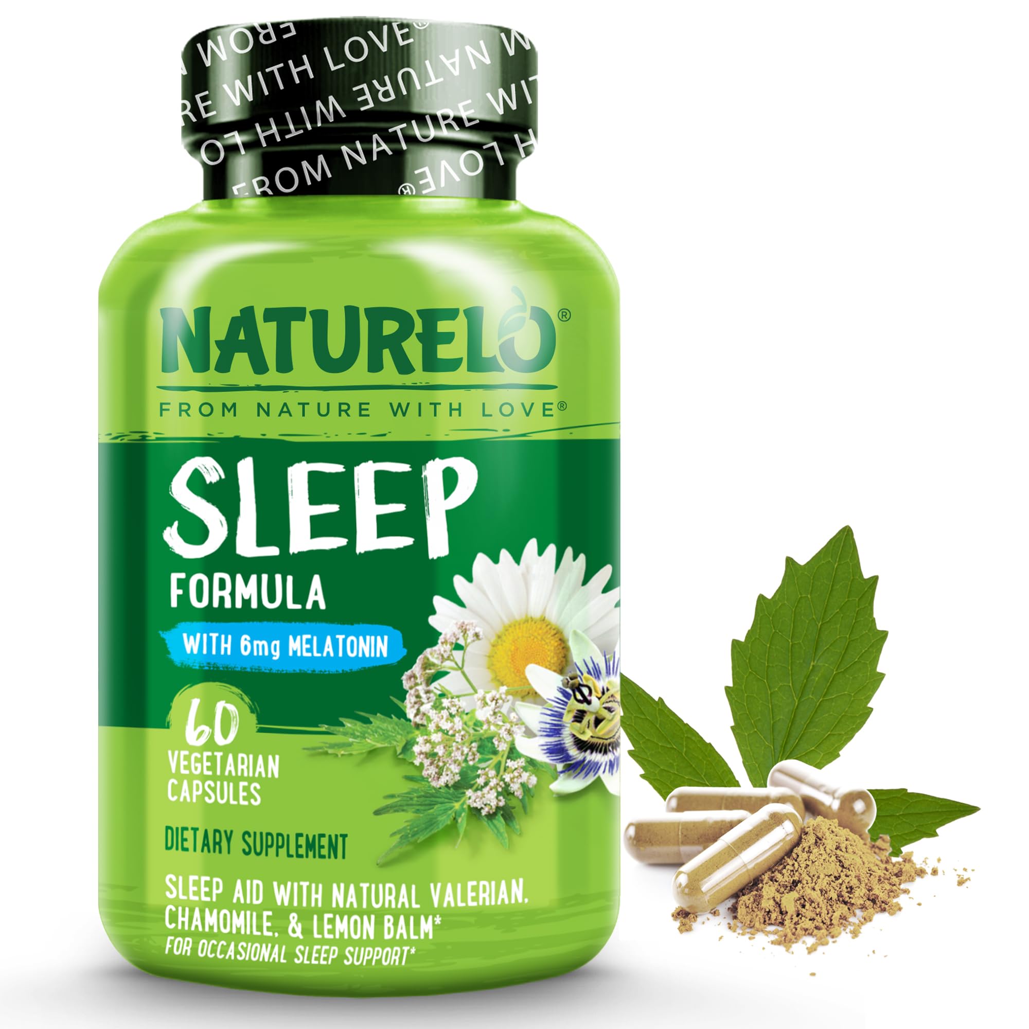 NATURELO Sleep Aid - with Melatonin, Magnesium, GABA, Valerian Root, Lemon Balm, Chamomile Herbal Extracts - Plant-Based Sleeping Aid - 60 Vegan Capsules