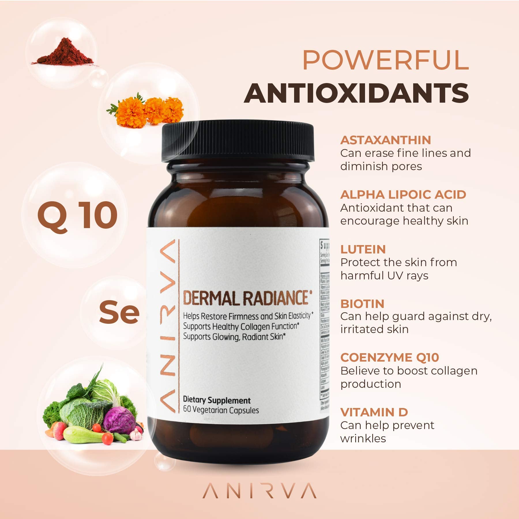 ANIRVA Skin Supplement with Antioxidants, Health and Beauty Supplements with Multivitamins for Glowing Skin, Anti Aging Vitamins Dermal Radiance