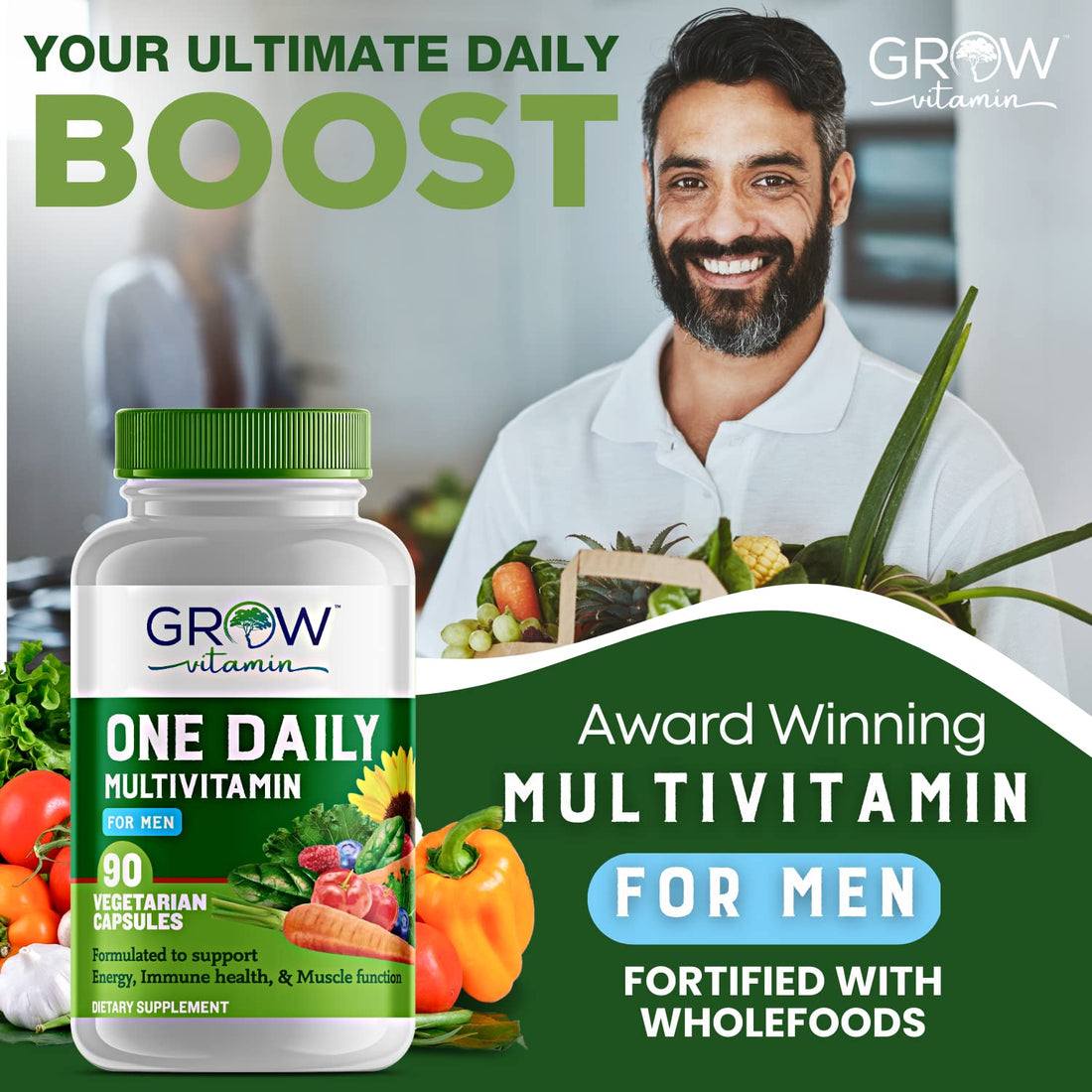 One Daily Multivitamin for Men - with Vitamins & Minerals + Organic Whole Foods, Supplement to Boost Energy, General Health - Non-GMO - 90 Capsules | 3 Month Supply